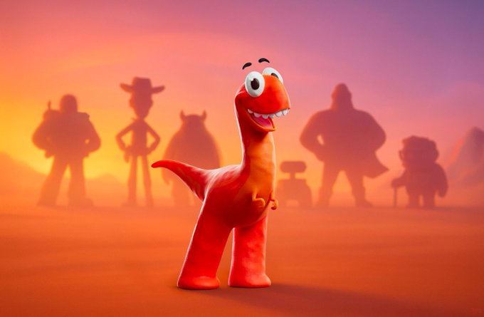 A cheerful, red claymation-style T-Rex dinosaur stands smiling against a vibrant sunset backdrop, with silhouettes of various characters—including a cowboy and other figures—fading into the hazy distance behind it. The playful, handcrafted aesthetic visually reinforces the post's claim that "Claynosaurz is the next Pixar," highlighting the project's charming animation style and imaginative world-building.