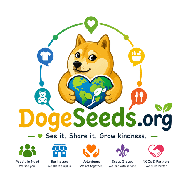 The image features a logo for a website called "DogeSeeds.org", which promotes kindness and environmental awareness through the use of a cartoon dog holding up a globe with a heart symbolizing love for our planet. The website's name is written in white text, while the slogan "See it. Share it. Grow kindness." is displayed below the logo.