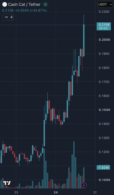 A TradingView 4-hour chart of Cash Cat (CASH) against Tether (USDT) shows a dramatic surge, with the price jumping 34.87% to 0.2108 USDT after rallying from lows around 0.12, illustrating the post's point about a meme coin on the RH chain pumping significantly without any catalyst news.