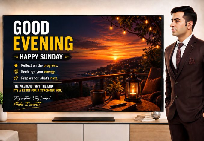 A promotional graphic featuring a man in a brown suit beside a TV displaying 'GOOD EVENING HAPPY SUNDAY' with motivational text including 'Reflect on the progress, Recharge your energy, Prepare for what's next'.