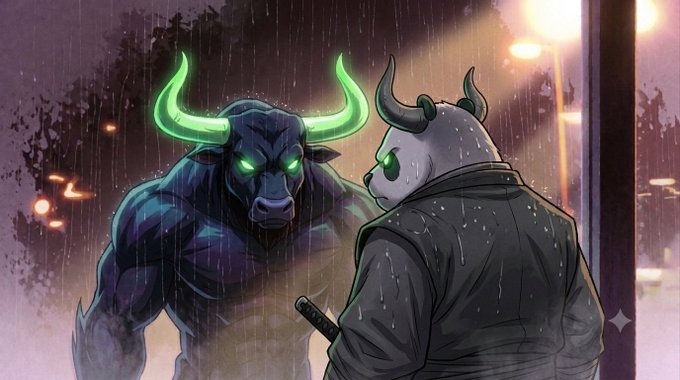 A powerful bull with glowing green eyes faces off against a panda in a trench coat, possibly symbolizing the bulls behind $ANSEM anticipating a $WIF-like breakout. The rainy atmosphere and intense gaze suggest a significant, possibly volatile, market event is approaching.