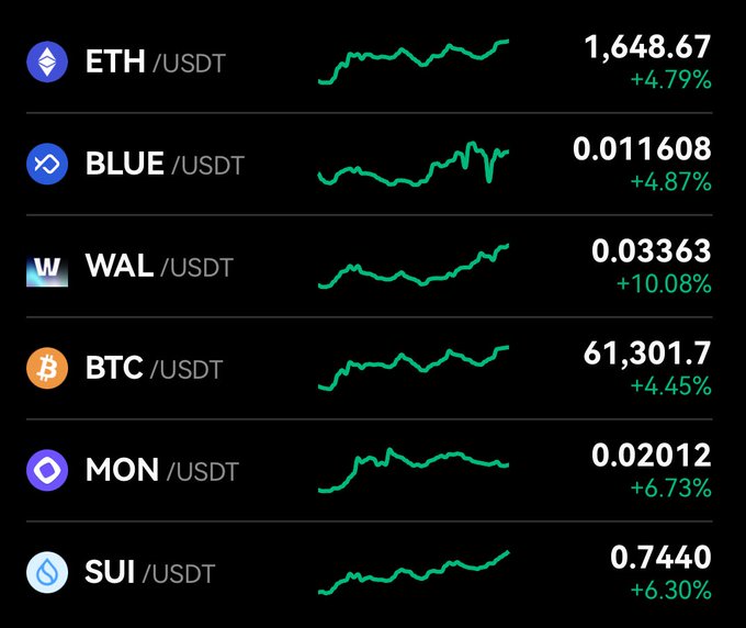 A cryptocurrency price tracking display showing green gains for several tokens paired with USDT, including ETH (+4.79%), BLUE (+4.87%), WAL (+10.08%), BTC (+4.45%), MON (+6.73%), and SUI (+6.30%) with their respective line charts.
