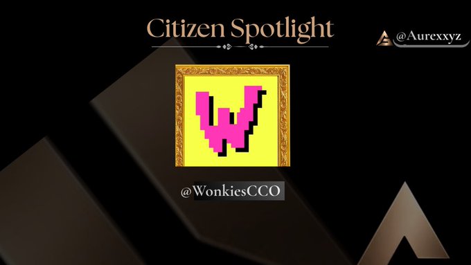 A 'Citizen Spotlight' feature highlighting @WonkiesCCO with a pixelated pink 'W' logo in a gold frame, tagged by @Aurexxyz.