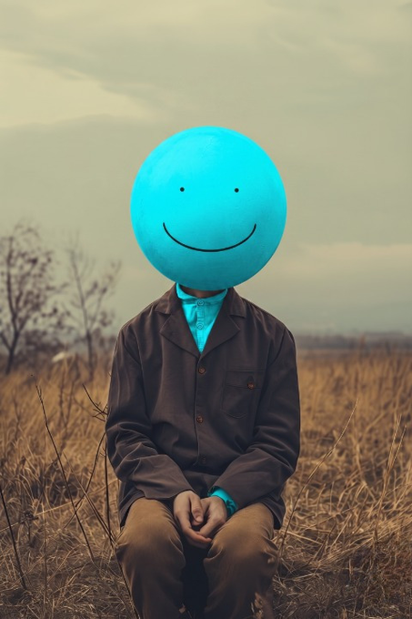 A surreal photograph shows a person sitting in a dry grassy field, wearing a brown coat with their head replaced by a large, bright blue smiley face balloon.