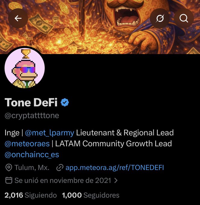 A Twitter/X profile screenshot for 'Tone DeFi' (@cryptatttone) shows a pixel art avatar, banner of a treasure-collecting figure, and bio mentioning @met_lparmy Lieutenant & Regional Lead and Tulum, Mx.