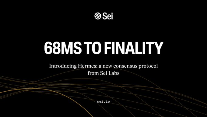 The image is a promotional graphic for Sei Labs featuring the headline "68MS TO FINALITY" and announcing Hermes, a new consensus protocol, at sei.io. The bold claim of 68-millisecond finality visually emphasizes the post's message that Hermes achieves the fastest possible consensus speed while maintaining resilience during network disruptions.
