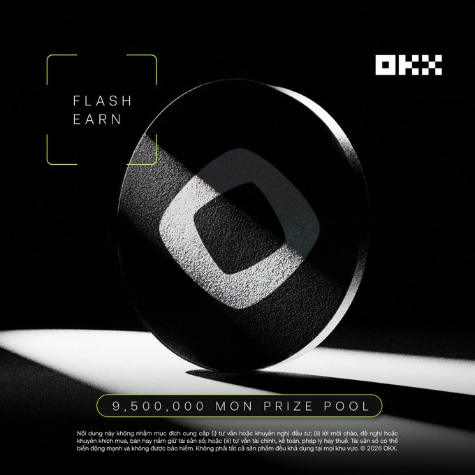 The image depicts a black and white photograph of a coin sitting against a dark background. The central focus of the photo appears to be the white logo of a coin company called OKB. In the bottom left corner, there's text that reads "Flash Earn Lite: MON (Monad) - Chia thưởng 9,500,000 MON ↳ okx.com/vi/earn/flash- ...", which is likely an advertisement for a Monad pool with a prize of 9,500,000.