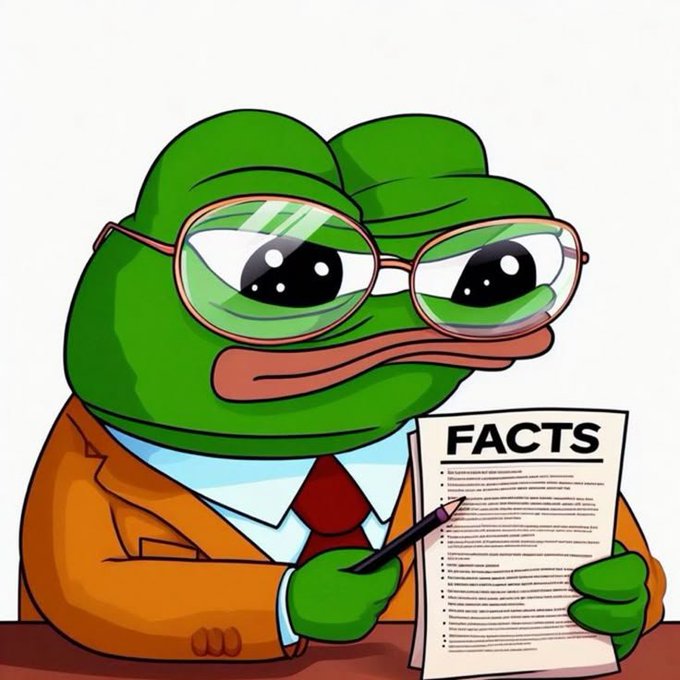 A cartoon Pepe the Frog wearing glasses and a brown suit, holding a document labeled 'FACTS' and a pencil, appearing to review information.