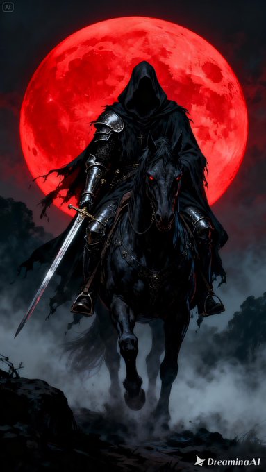 A digital artwork by 'DreaminaAI' showing a hooded, armored figure on a black horse holding a sword against a large red moon.