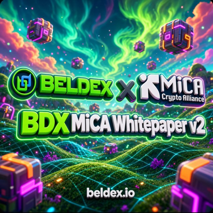 A vibrant promotional banner for 'BELDEX x MiCA Crypto Alliance' advertising 'BDX MiCA Whitepaper v2' with the URL 'beldex.io', featuring neon green and purple colors with a fantasy landscape background.