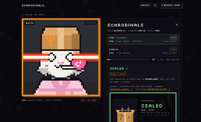 A pixel art NFT collection page for "SCHRODINALS" on the Bitcoin L1 blockchain (CRC-20), showing NFT #0772 featuring a character with a paper bag hat and pink drink, with "SEALED" and "LIVE" status indicators.