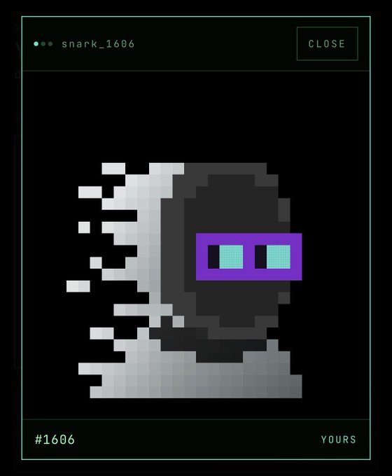 A pixel art NFT-style image of a dark hooded figure with a purple visor displaying glowing eyes, titled 'snark_1606' with '#1606' and 'YOURS' labels.