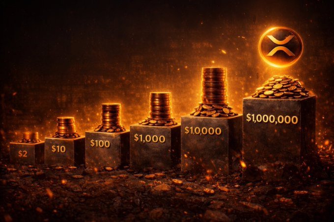 A dramatic graphic showing stacks of gold coins arranged in increasing height on pedestals labeled $2, $10, $100, $1,000, $10,000, and $1,000,000, with the XRP cryptocurrency logo floating above.