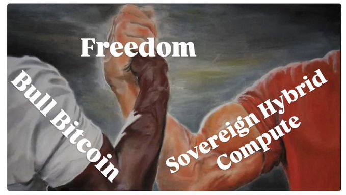 A meme using a painting of two arms arm-wrestling to represent 'Bull Bitcoin' vs 'Sovereign Hybrid Compute', with 'Freedom' written between their clasped hands.