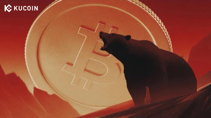 A roaring bear stands in front of a glowing Bitcoin coin against a dramatic red backdrop, with the KuCoin logo in the top-left corner, visually reinforcing the post's theme of a 2026 Bitcoin bear market driven by institutional selling amid "higher-for-longer" Fed policy.