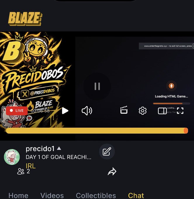 A mobile screen showing a BLAZE live stream by 'precido1' titled 'DAY 1 OF GOAL REACHI...', featuring a 'PRECIDOBOS' graphic and a loading HTML game.