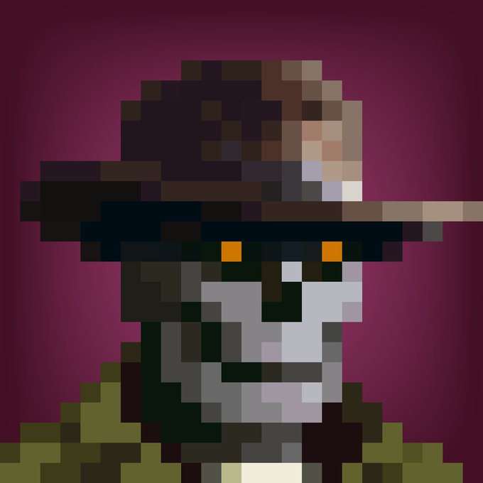 Pixel art portrait of a figure in a dark cowboy hat and wide-brimmed military cap with glowing orange eyes, set against a deep purple background.