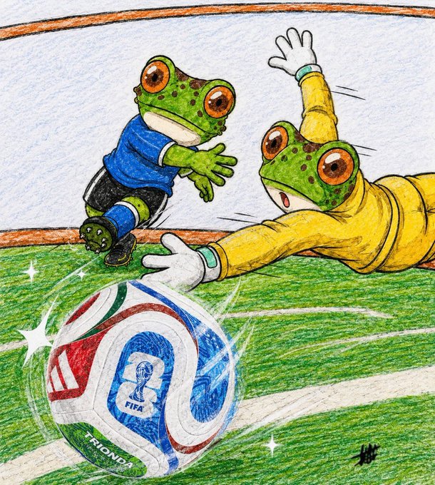 A hand-drawn colored illustration depicts two green frogs in soccer gear—one in a blue jersey and the other as a goalkeeper in yellow—diving for a colorful 'FIFA' and 'TRIONDA' branded soccer ball on a grass field.
