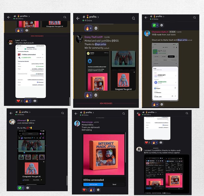 A collage of six Discord screenshots from the "#profits" channel showing community members celebrating NFT mints, including a "Congrats! You got it!" message and transaction confirmations for 100ns mints, alongside members reporting $270 in wallet gains from just_t00ns mints and $500+ in community returns.