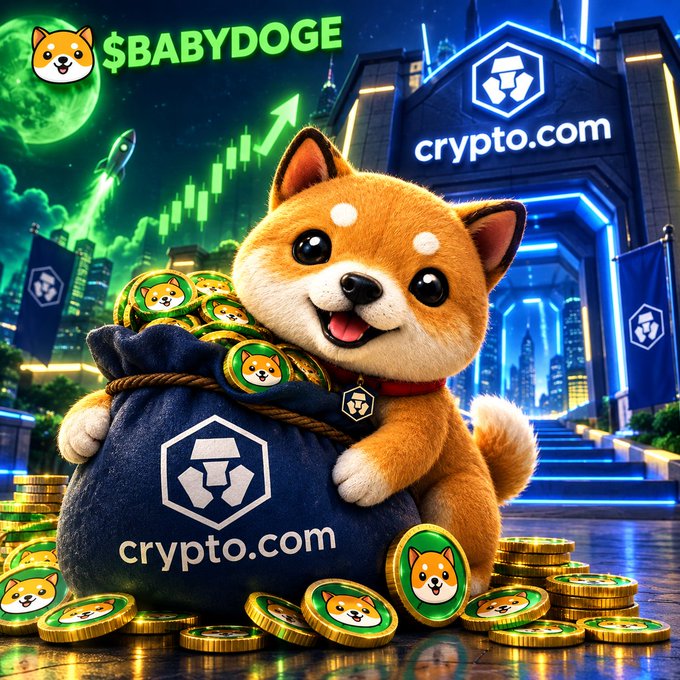 A vibrant promotional illustration for the cryptocurrency $BABYDOGE featuring a cute Shiba Inu dog holding a large bag of branded coins in front of a crypto.com building with rocket launches and a green moon in the background, surrounded by piles of gold coins with the dog's face.