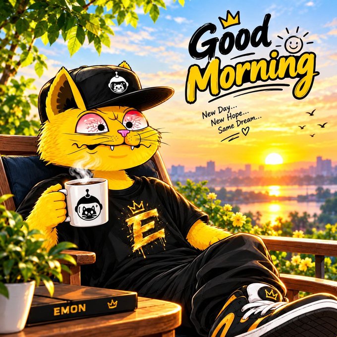An illustrated 'Good Morning' image featuring a yellow cat character wearing a black cap and t-shirt, holding a mug, with text 'New Day... New Hope... Same Dream...' and 'EMON' visible.