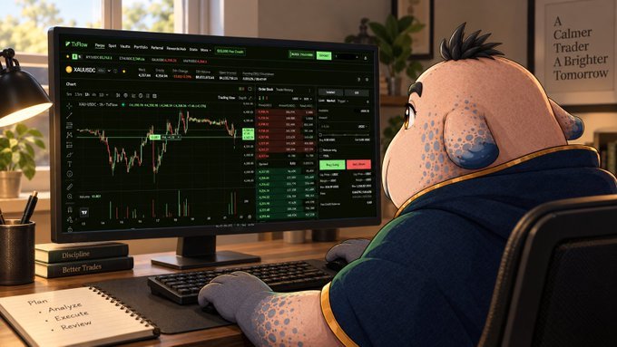 An illustrated scene of a humanoid character with blue-spotted skin sitting at a desk analyzing a cryptocurrency trading chart on a monitor, with a wall poster reading 'A Calmer Trader A Brighter Tomorrow' and a notebook showing 'Plan: Analyze, Execute, Review'.