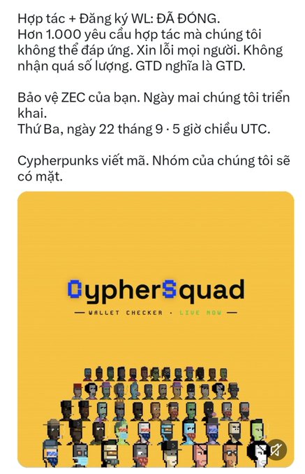 A Vietnamese announcement from CypherSquad about collaboration and whitelist registration being closed, with a yellow image showing pixel art characters and 'CypherSquad Wallet Checker'.