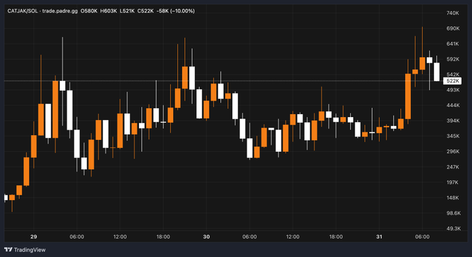 This image shows a candlestick chart for CATJAK/SOL, highlighting a significant price increase on January 31st, indicating a bullish trend against a generally declining market. The text confirms a new all-time high (ATH) for $CATJAK.