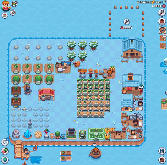 The image shows a pixel-art farming game interface on a blue water background, featuring an expanding farm plot with crops, fruit trees, a coop, crafting stations, and various buildings, with currency counters showing "33548.67" coins and "157" gems at the top—reflecting steady gameplay progress in Sunflower Land.