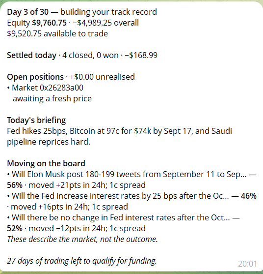 A text-based trading journal entry for "Day 3 of 30," showing an equity of $9,760.75, details on settled trades, open positions like "Market 0x26283a00," and a market briefing mentioning a 25bps Fed hike and Bitcoin at $74k.