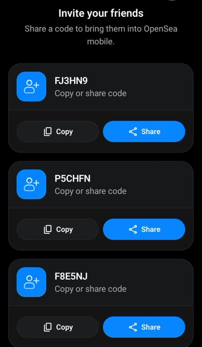 An OpenSea app screen titled 'Invite your friends' displays three referral codes (FJ3HN9, P5CHFN, F8E5NJ), each with 'Copy' and 'Share' buttons.