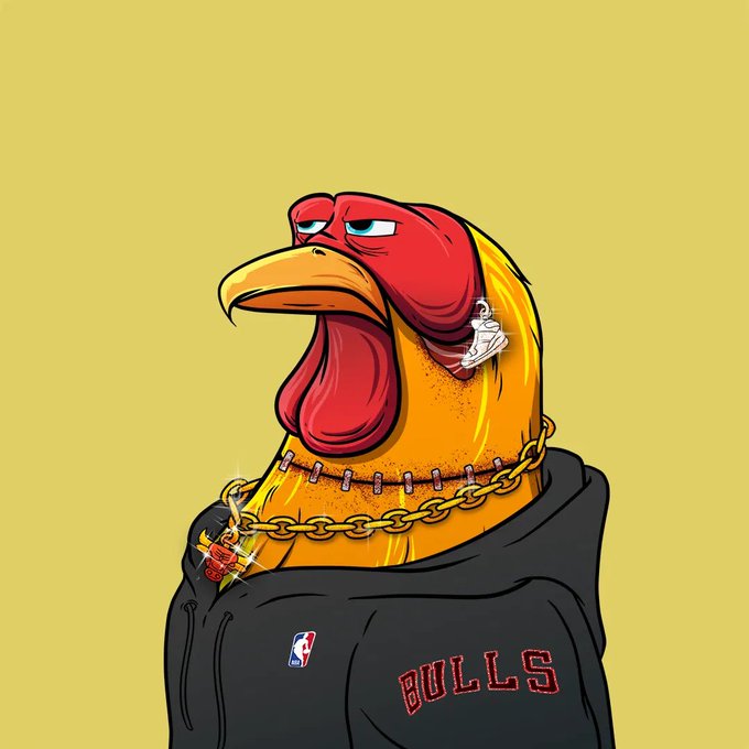 An illustration of a rooster wearing a black hoodie with the NBA logo and "BULLS" text, adorned with gold chains and a diamond pendant.