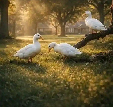 The image features a group of three white ducks standing together on grass, with one duck positioned above another two ducks. The scene takes place outdoors during the day under sunlight, creating a peaceful atmosphere. The photo captures the beauty of nature as well as the importance of understanding the fundamentals in any field or activity.
