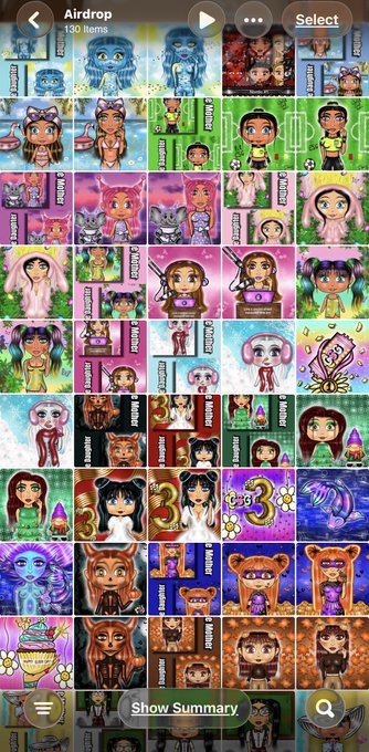 A screenshot of the 'Airdrop' section of an app showing '150 Items' available, displaying a grid of various cartoon character illustrations, with 'Show Summary' at the bottom.