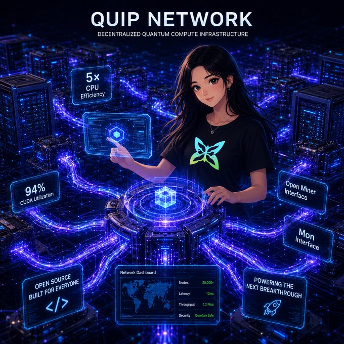 A promotional graphic for the 'QUIP NETWORK,' titled 'DECENTRALIZED QUANTUM COMPUTE INFRASTRUCTURE,' featuring an anime-style woman interacting with a glowing central hub, surrounded by floating data panels showing metrics like '5x CPU Efficiency' and '94% CUDA Utilization,' with a network dashboard displaying 20,000+ nodes.