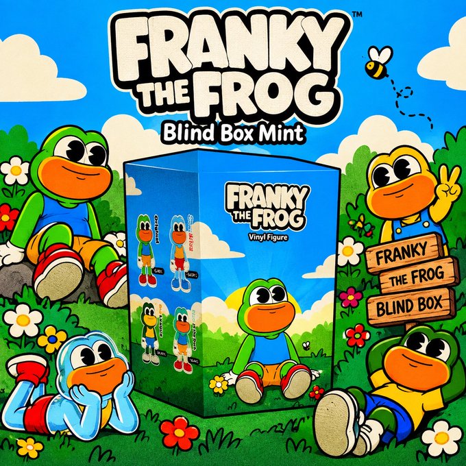 Promotional artwork for 'FRANKY THE FROG Blind Box Mint' vinyl figures, featuring cartoon frog characters in various colorful outfits against a green meadow background.