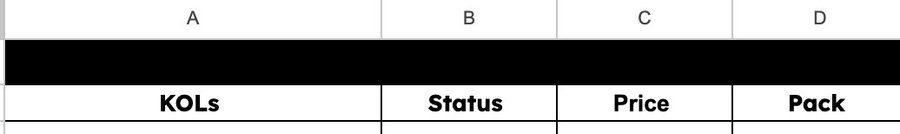 A spreadsheet header row with columns labeled 'A', 'B', 'C', and 'D', and sub-headers reading 'KOLs', 'Status', 'Price', and 'Pack' separated by a thick black bar.