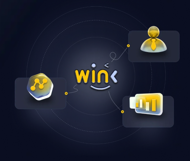 The image features the stylized "WIN" logo at the center, surrounded by three illustrated icons—an analytics chart, a professional figure, and a bar graph—visually representing WINkLink's verifiable off-chain compute capabilities that perform heavy calculations and return verified results to smart contracts.