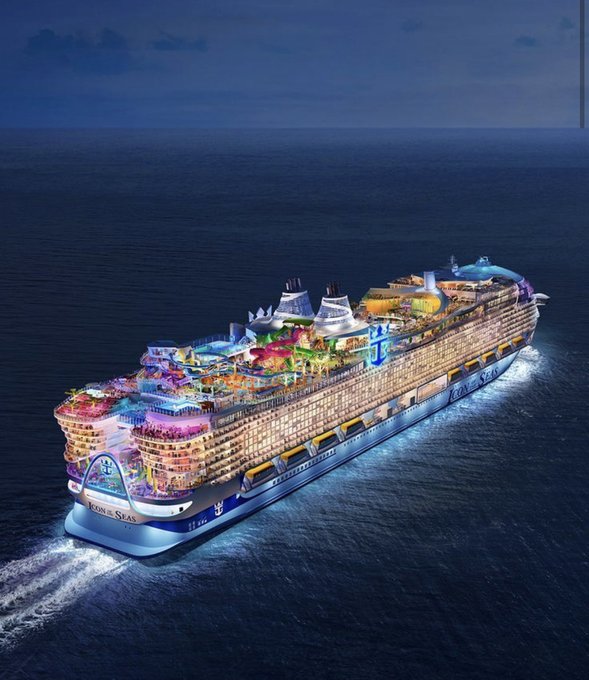 A massive illuminated cruise ship glides through dark ocean waters at night, with "ICON OF THE SEAS" displayed on its hull. The post's reference to a grand "big party" aligns with the ship's vibrant, festive lighting and luxurious appearance, symbolizing a celebratory voyage—humorously suggesting XRP holders will board this floating celebration if the token reaches $100.