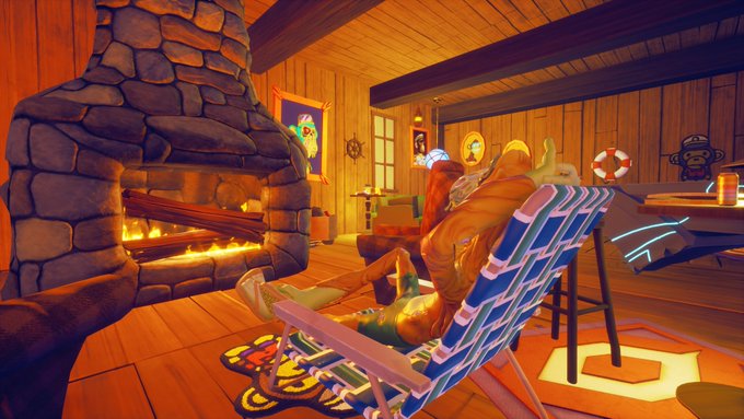 A 3T mutant ape relaxes in a striped beach chair beside a roaring stone fireplace in the OthersideMeta clubhouse, warming up in a cozy, nautical-themed room decorated with a life preserver, ship's wheel, and gorilla artwork on the wooden walls. The scene illustrates the post's concept of the 3T mutant staying warm by the fire while showcasing the wearable merch aesthetic.