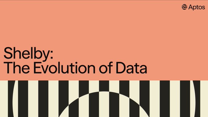 An orange and cream graphic titled "Shelby: The Evolution of Data" features the Aptos logo in the top right corner and an abstract black-and-white striped design with a circular motif at the bottom. The image serves as branding for Aptos Labs' Shelby project, which addresses the critical data infrastructure challenges in AI development highlighted in the accompanying post.