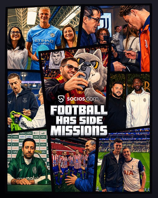 A collage promotional poster for Socios.com titled "FOOTBALL HAS SIDE MISSIONS," featuring photos of soccer players, celebrities, and fans at various football events and stadiums.