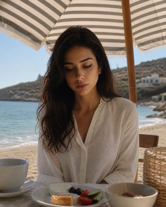 A young woman with long dark hair wearing a white shirt sits at a beachside table under a striped umbrella, with a meal of fruit, bread, and a bowl in front of her.
