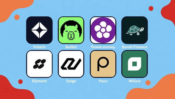A graphic displaying eight cryptocurrency/DeFi project logos including Polaris, BaiBai, flower.money, Bondi Finance, Element, Osige, Pauv, and Willow.