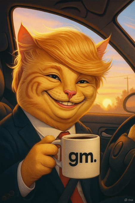 An anthropomorphic orange tabby cat in a business suit holds a coffee mug reading "gm." while sitting in the driver's seat at sunset. The image cleverly plays on the post "GM CT" by using "gm." (good morning) on the mug as a visual pun.