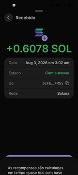 A cryptocurrency wallet screenshot showing a received transaction of +0.6078 SOL from August 3, 2026 on the Solana network.