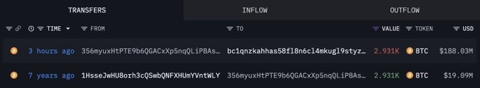 Blockchain transfer records showing a recent inflow of 2.931K BTC (~$188.03M) into wallet "bc1qnzkahhas58f18n6c14mkug19styz..." and a 7-year-old related transaction.