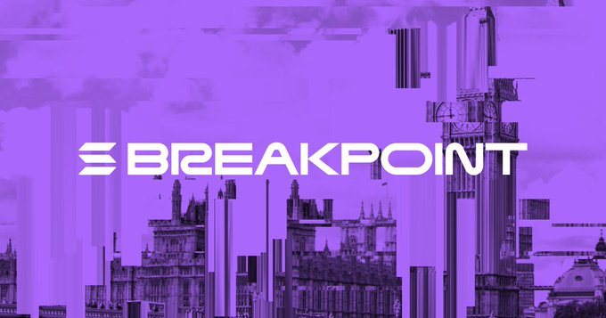 The image features a purple-tinted graphic with the text "BREAKPOINT" alongside the Solana logo prominently displayed over a stylized cityscape background, likely representing London. This visual ties directly to the post's mention of Solana Breakpoint, serving as event branding for the conference the author hopes to attend.
