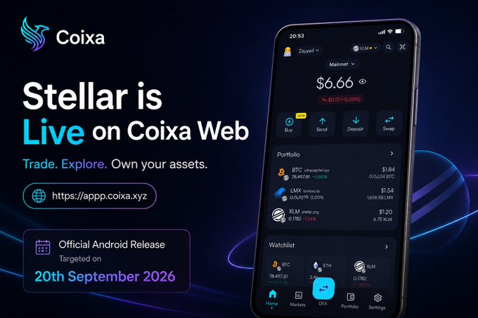 Promotional graphic announcing that Stellar (XLM) is now live on Coixa Web, with the app interface displaying XLM priced at $6.66 and upcoming Android release targeted for 20th September 2026, complementing the post's congratulations on the launch milestone ahead of PiDEX Mainnet.