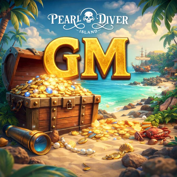 Colorful game artwork for 'Pearl Diver Island' featuring the letters 'GM' in gold, a treasure chest overflowing with gold coins and gems, a spyglass, pearls, and a pirate ship in the background.
